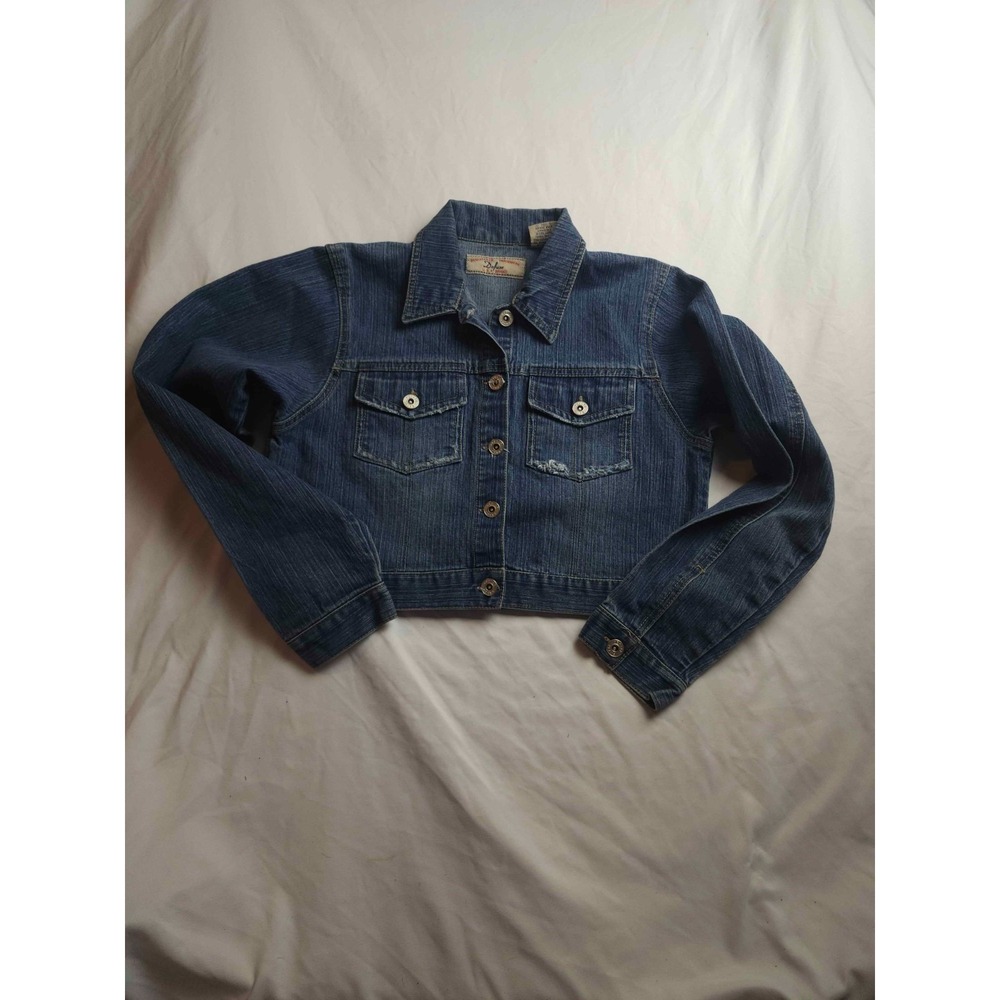 Defuze Cropped Denim Jacket Womens Large‎ Blue Vintage Trucker Casual Outerwear